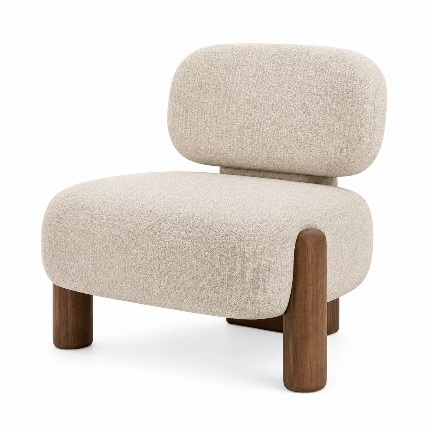Beige Fabric Lounge Chair with Walnut Legs