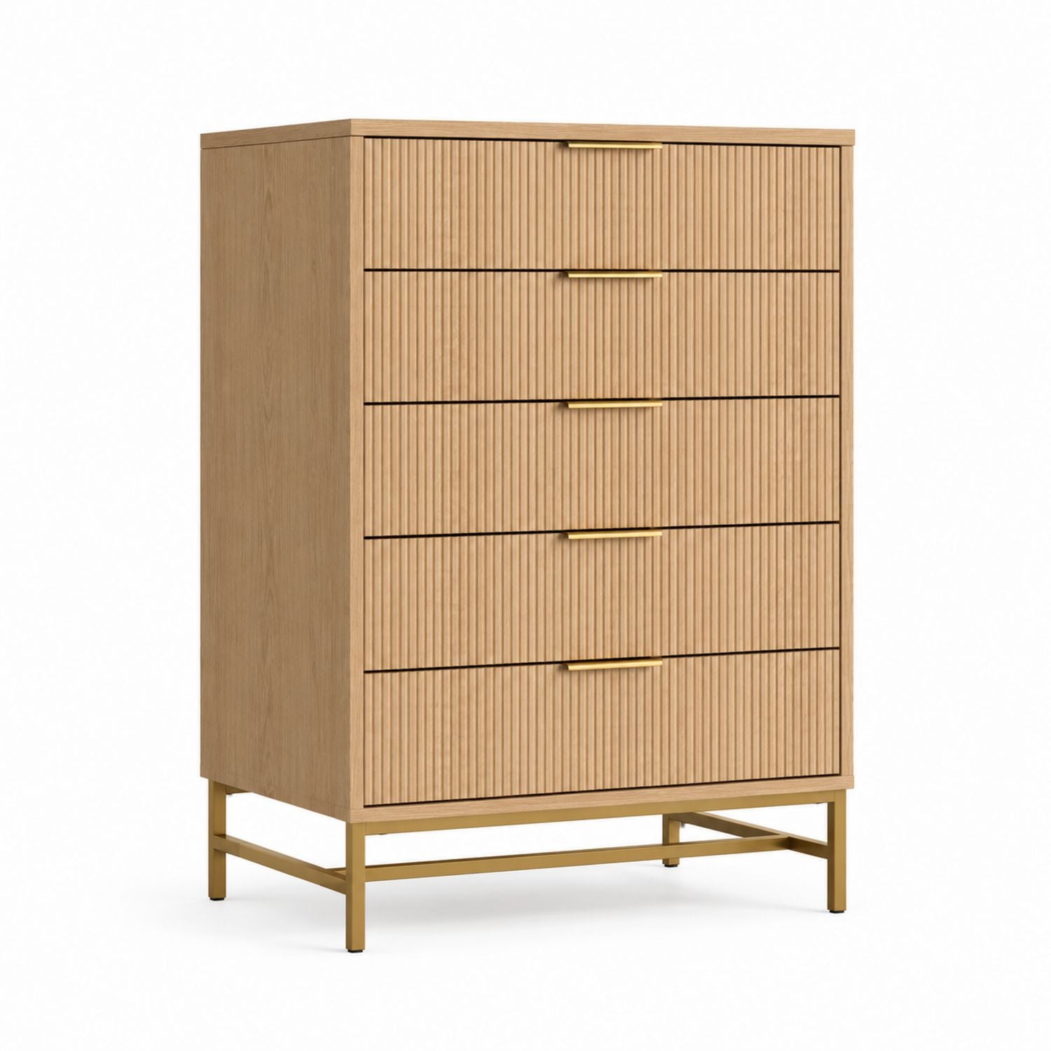 5-Drawer Oak Veneer Dresser with Stainless Steel Base