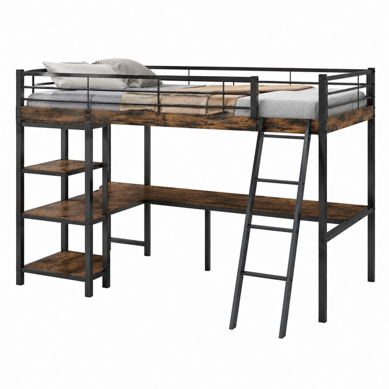 Metal and Wood Loft Bed with Ladder and Desk Brown/Black