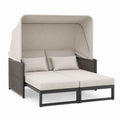 Outdoor Double Chaise Lounge with Canopy Aluminum Frame Polyester Cushion Beige