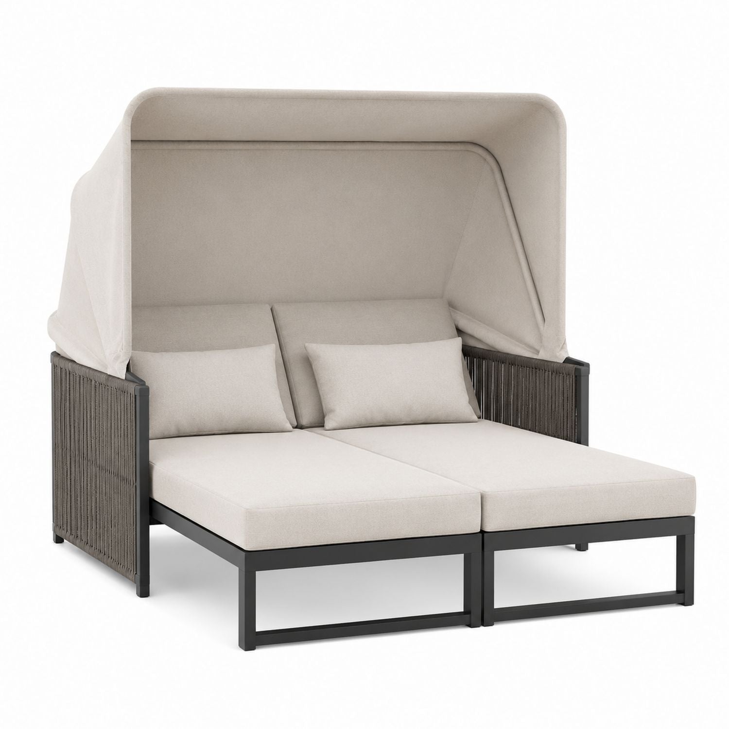 Outdoor Double Chaise Lounge with Canopy Aluminum Frame Polyester Cushion Beige