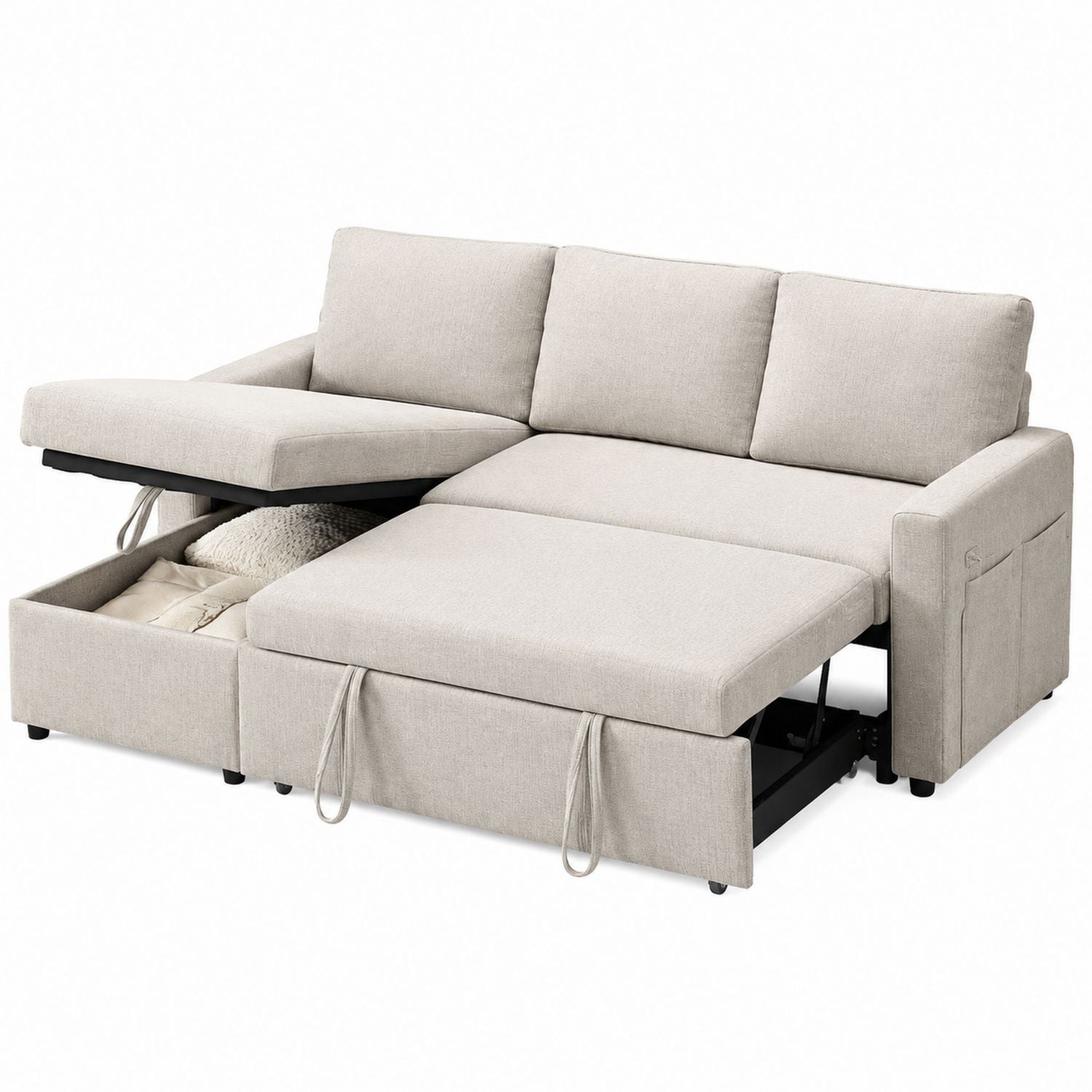 3-Seater Fabric Convertible Sofa Bed with Chaise and Storage Beige