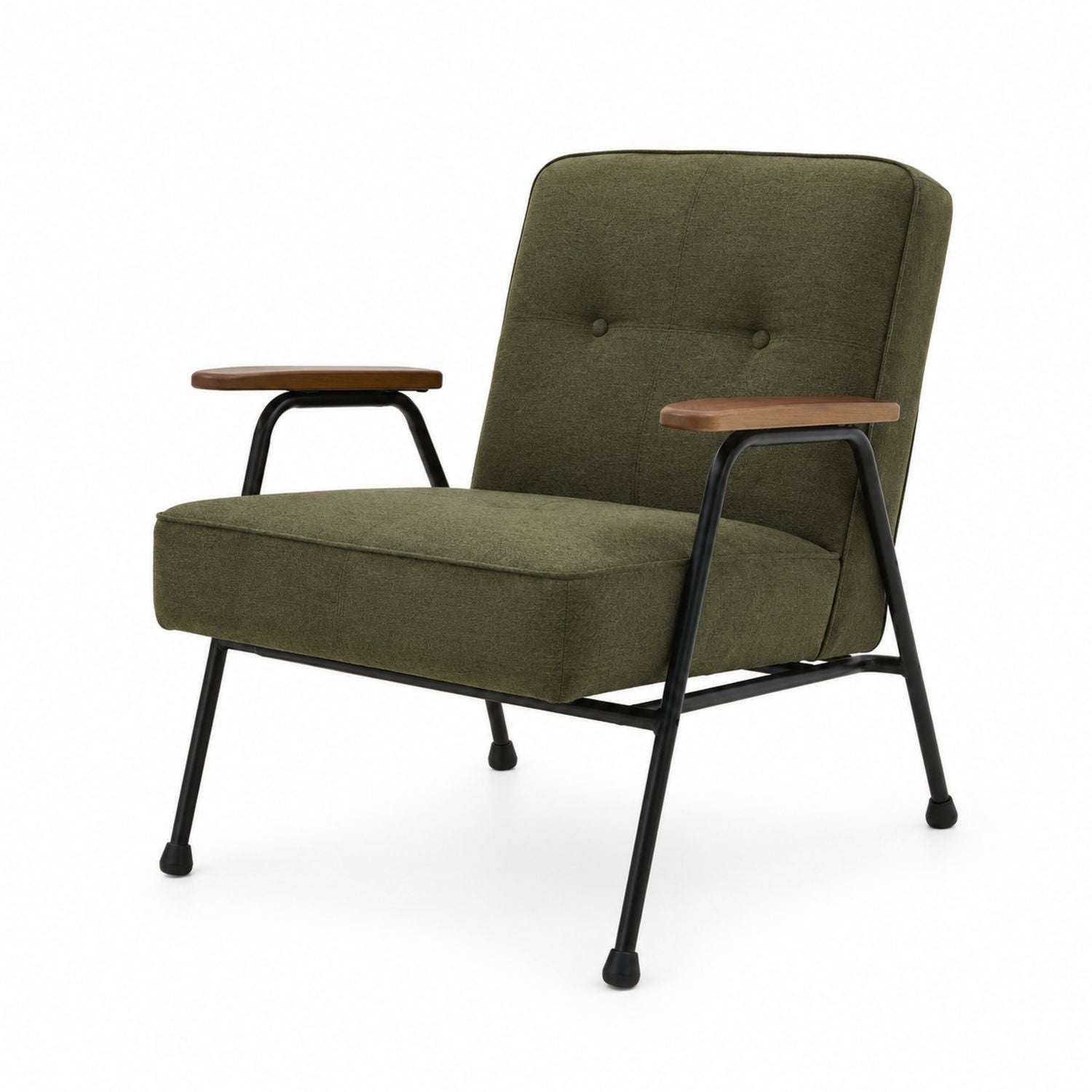 Olive Fabric Armchair with Metal Frame and Wooden Armrests