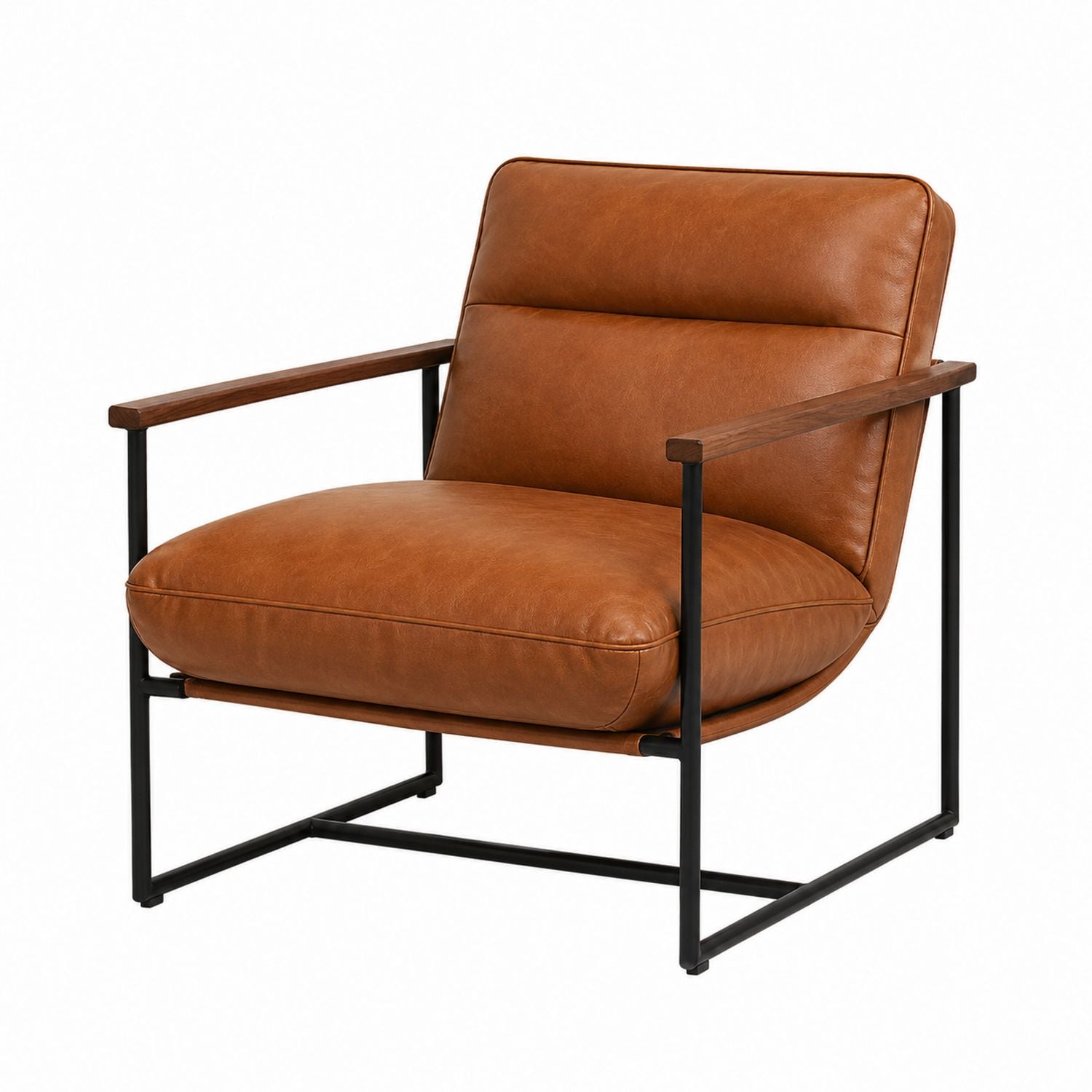 Leather Chair with Metal Frame and Wooden Armrests