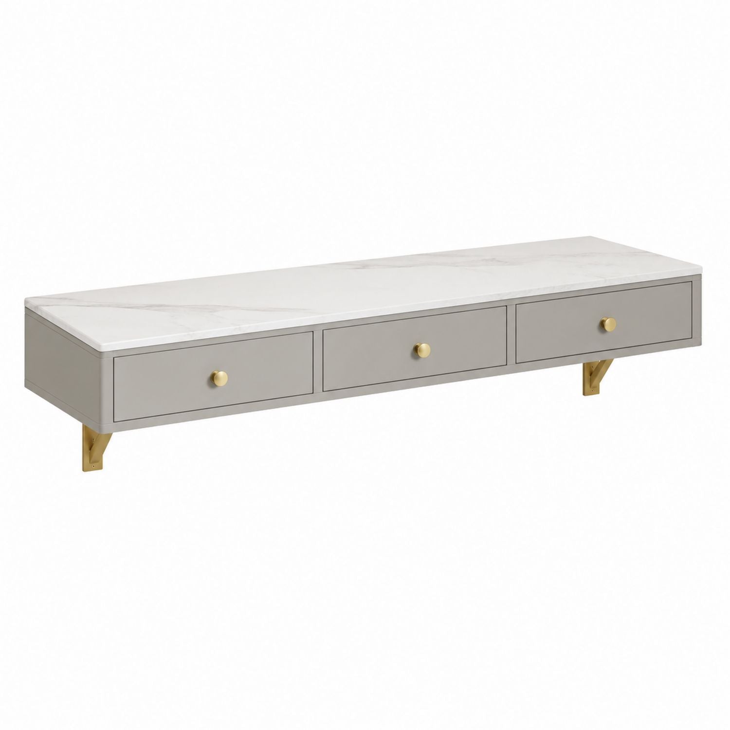 Wall-Mounted Gray Vanity with Marble Top and Gold Accents, 3 Drawers, 120cm