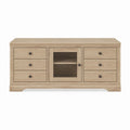 Oak TV Stand with Six Drawers and Glass Door Shelves