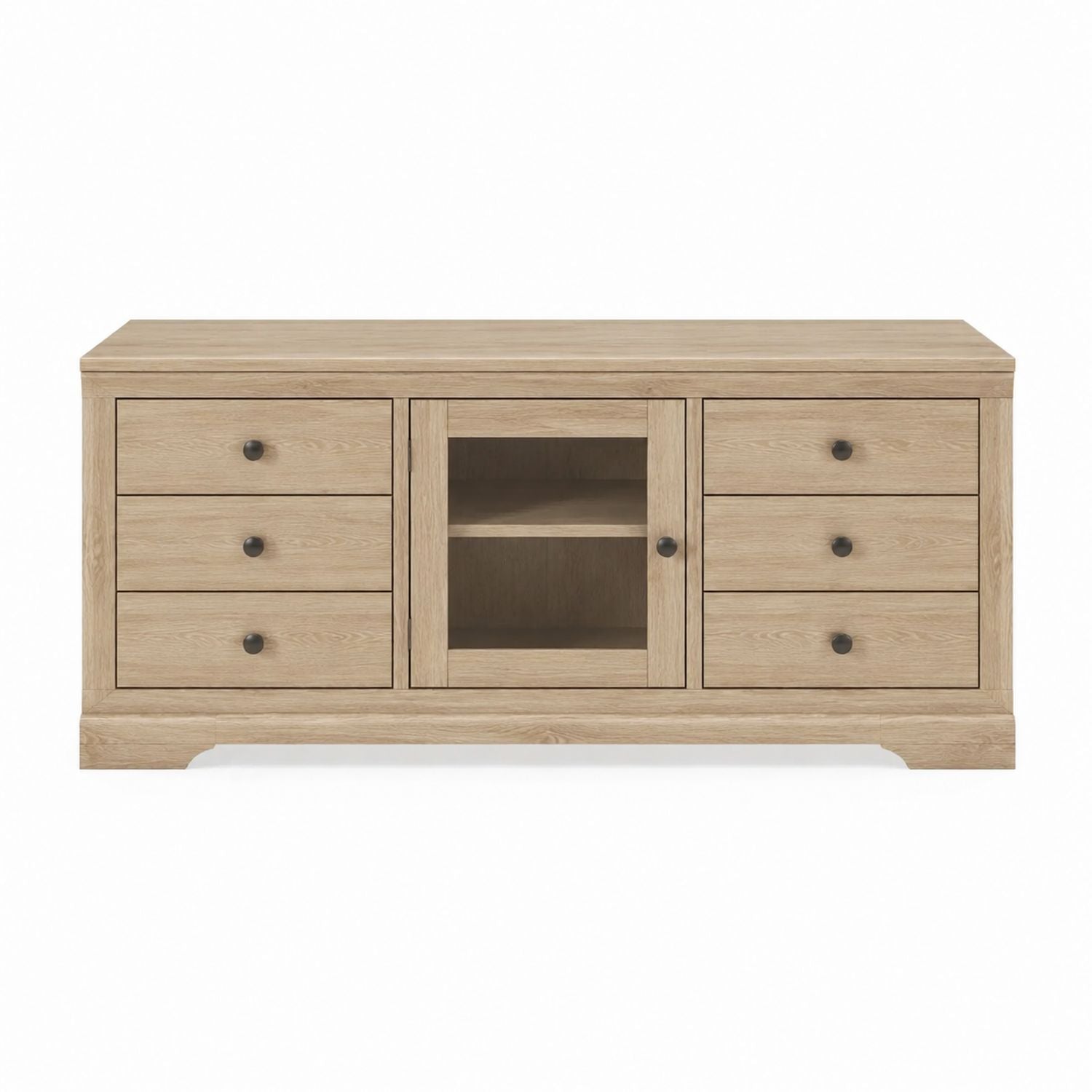Oak TV Stand with Six Drawers and Glass Door Shelves