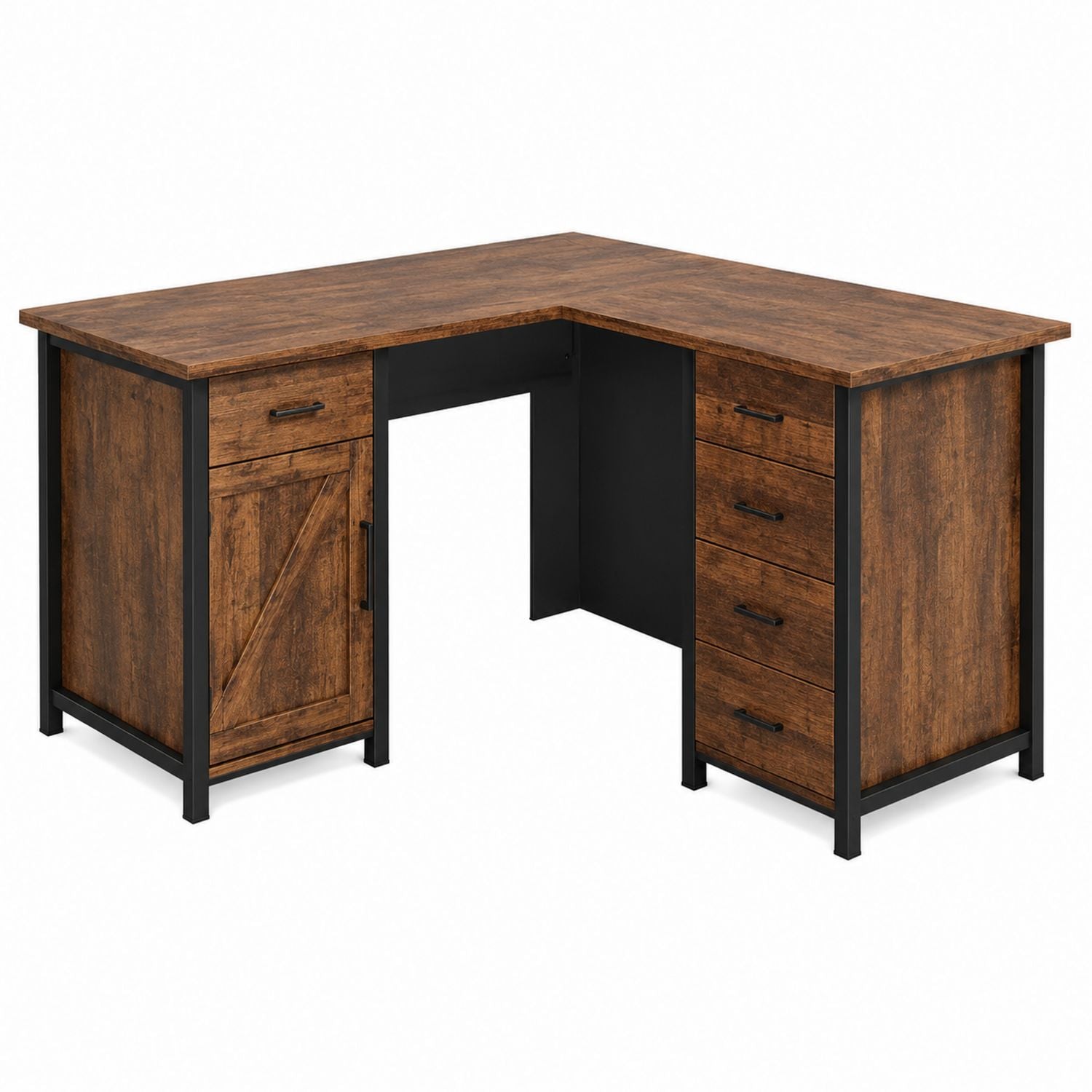 L-Shaped Desk with Storage Cabinet and Drawers Rustic Wood Steel Frame 150x120x75 cm