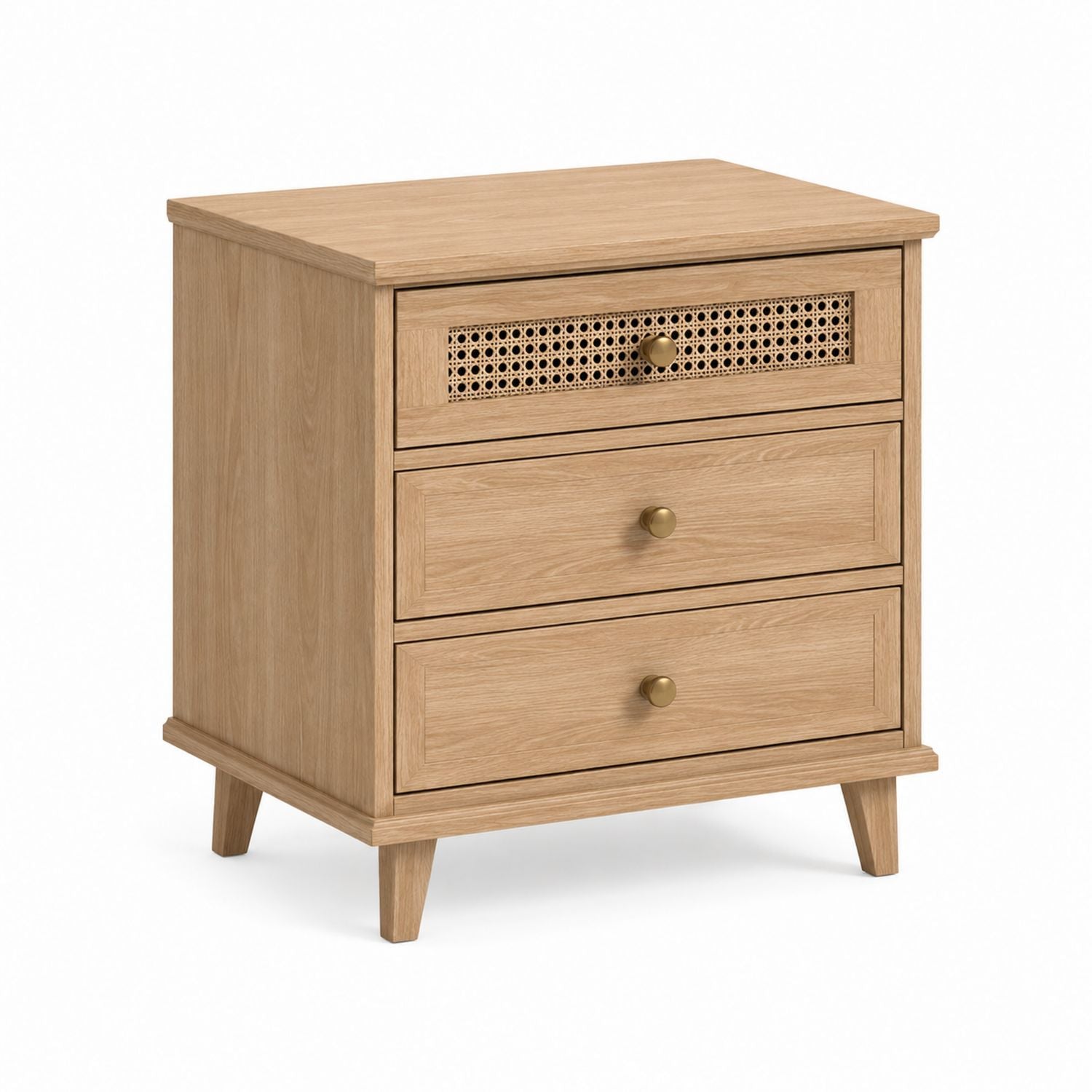 Oak Wood 3-Drawer Nightstand with Cane Accent