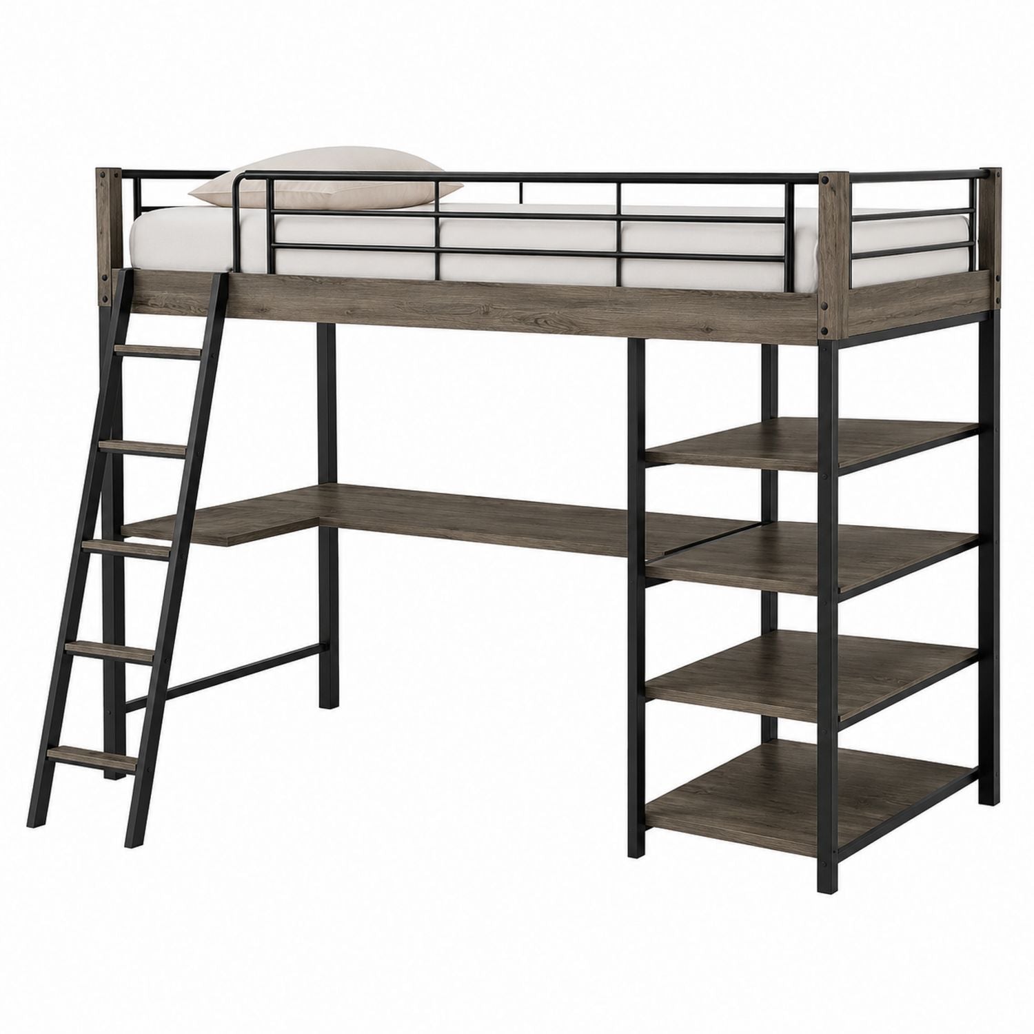 Metal and MDF Loft Bed Frame with Ladder and Shelving, Black/Brown